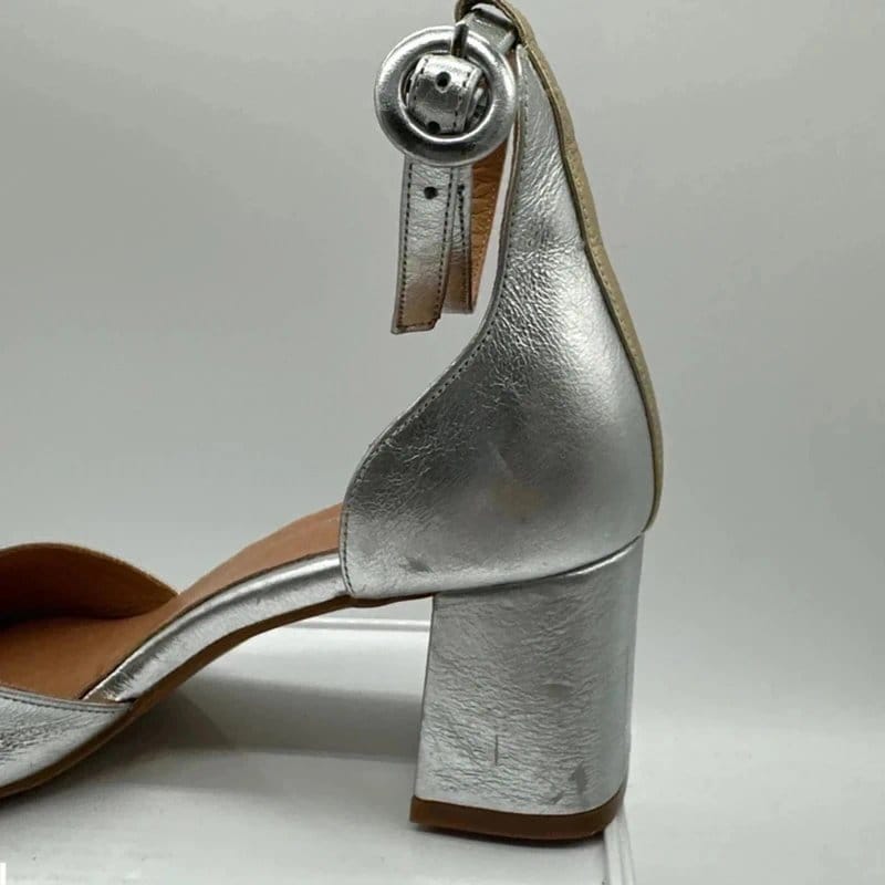 Shoe The Bear Shoe The Bear Shoes Size UK 4 Silver Gold Leather Block Heel Peep Toe BN - 1