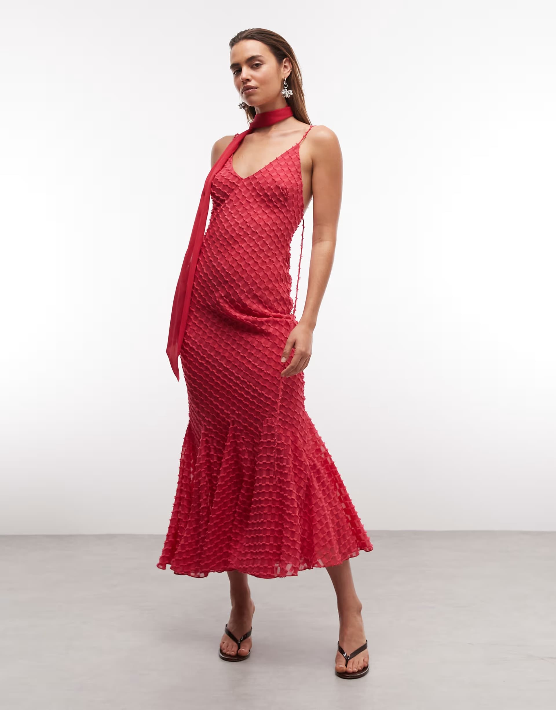 ASOS ASOS DESIGN bias plunge cami dress with full godets and scarf detail in magenta