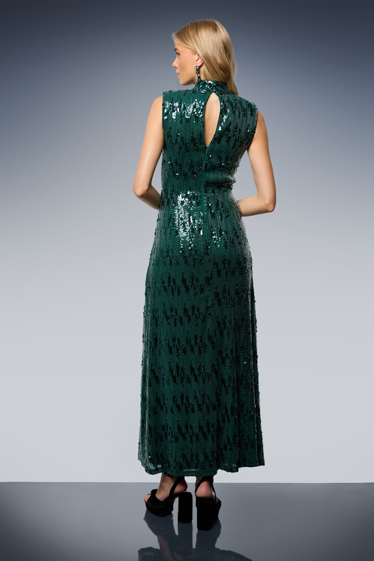 Oasis Oasis Women's Sequin Lace Insert High Neck Shoulder Pad Midi Dress in Forest - 3