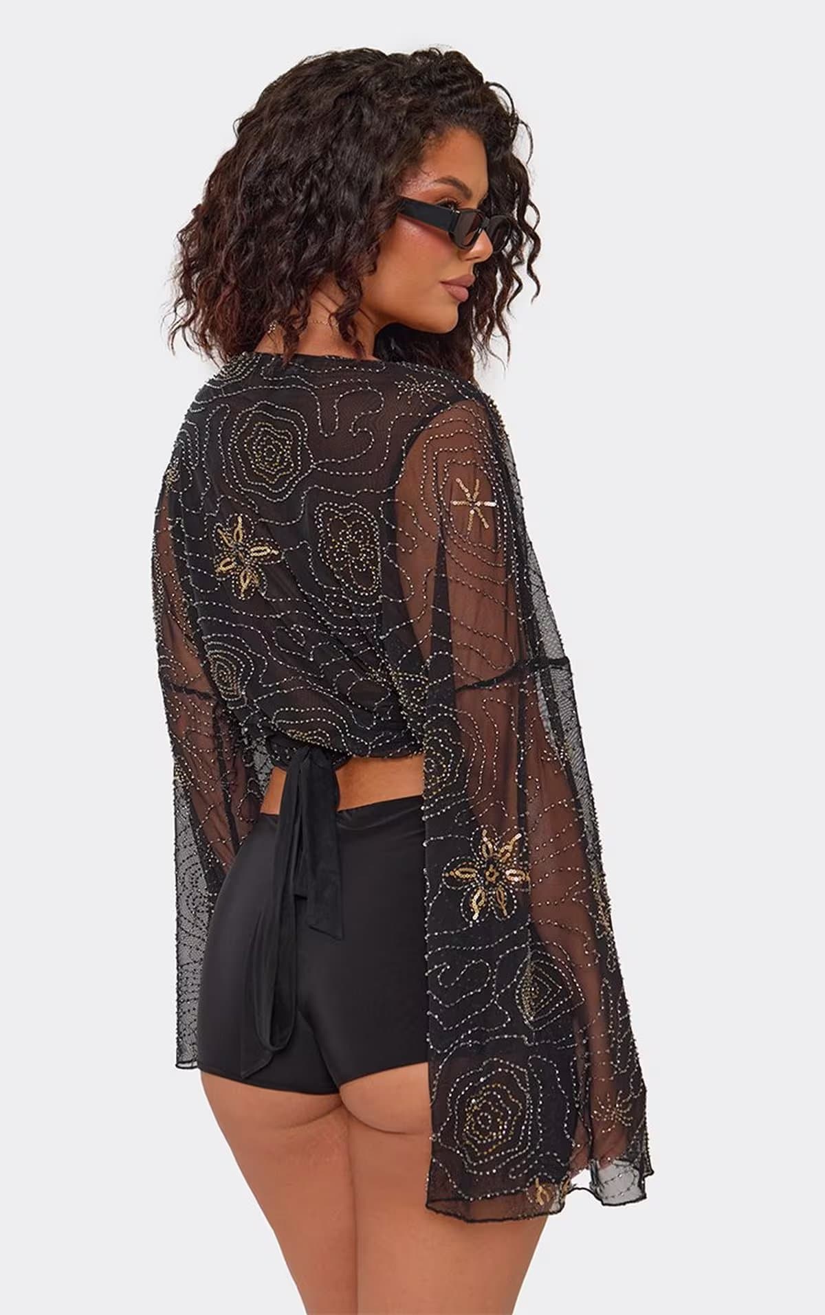 EGO Long Flared Sleeve Embroidered Top In Black, Women's Size UK 6