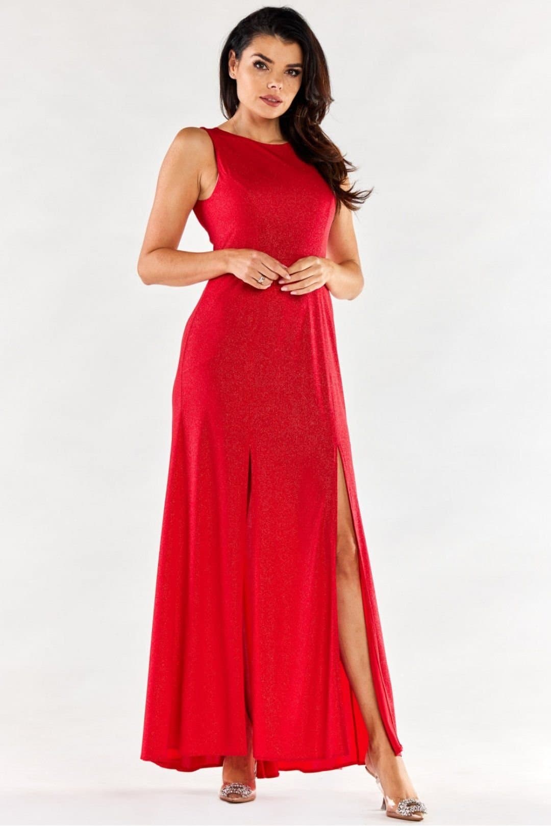 Love Lace Love Lace Women's Long Fitted Gown with Front Slits & Zipper in Red
