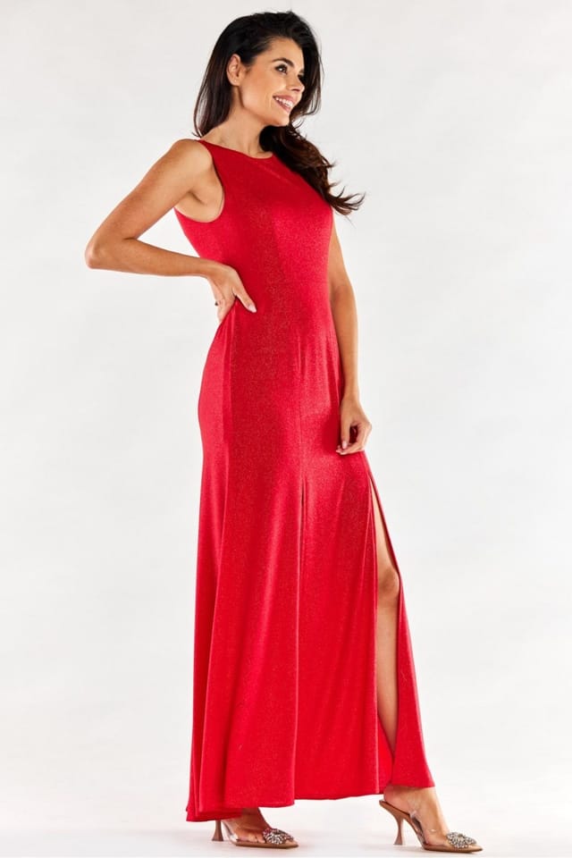 Love Lace Love Lace Women's Long Fitted Gown with Front Slits & Zipper in Red - 2