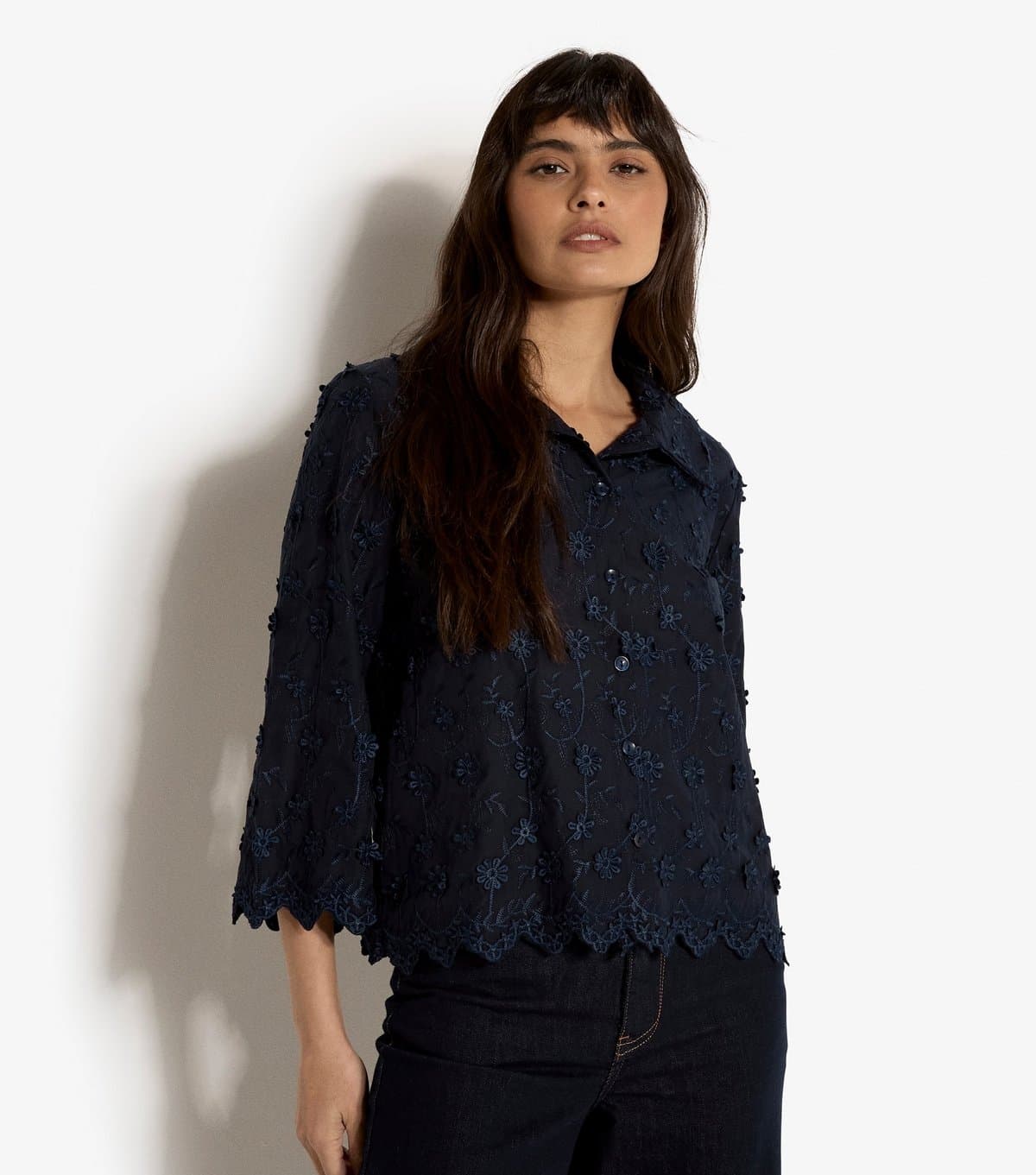 Apricot Women's Navy Embroidered Floral Cropped Shirt Apricot New Look