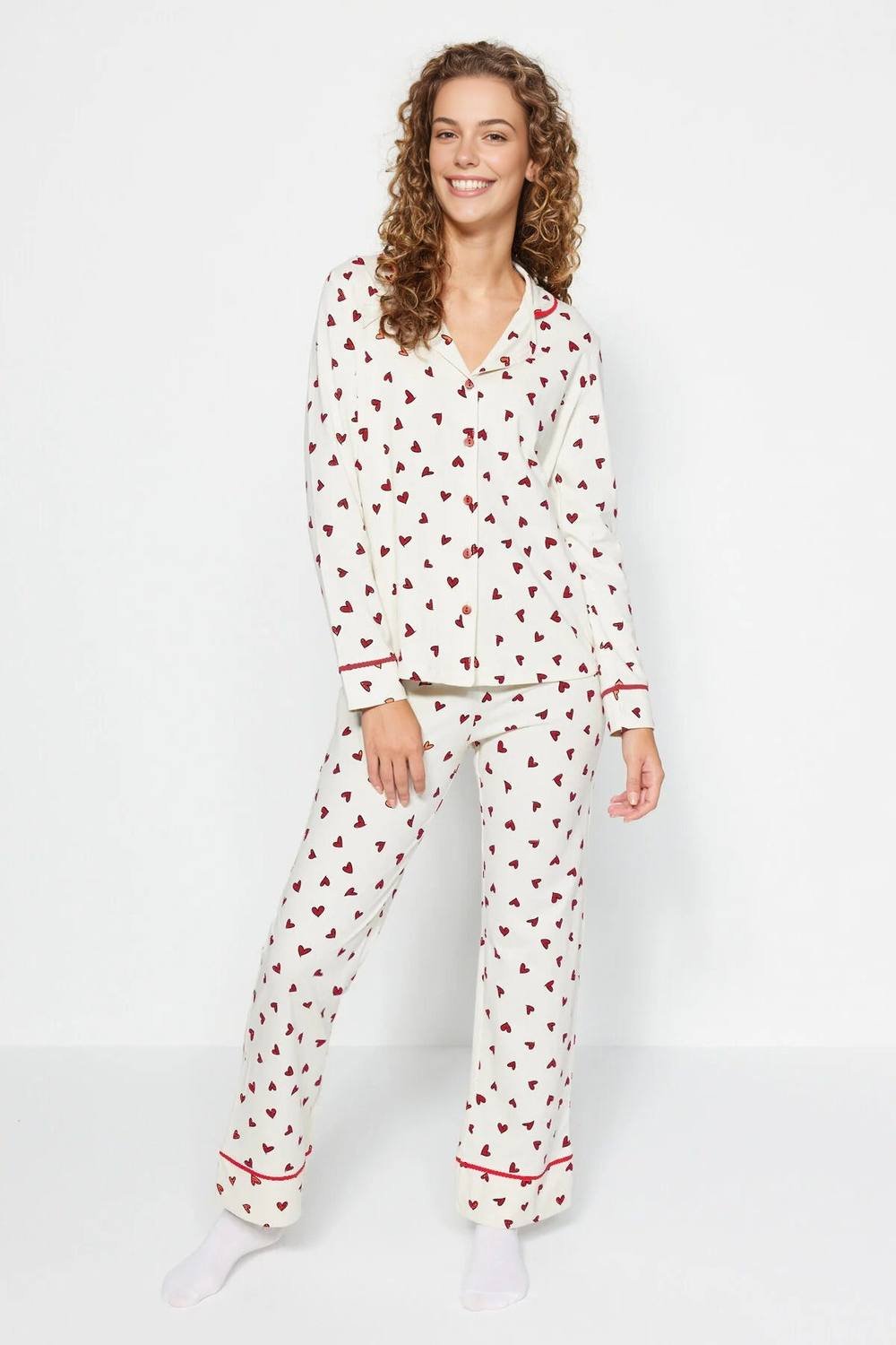 WOVCOR WOVCOR Women's 2-Piece Cotton Heart Print Knit Pajama Set in Beige - 3