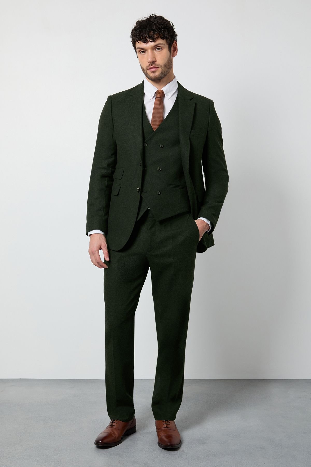 Burton Burton Men's Dark Green Tweed Look Tailored Fit Trousers - 4