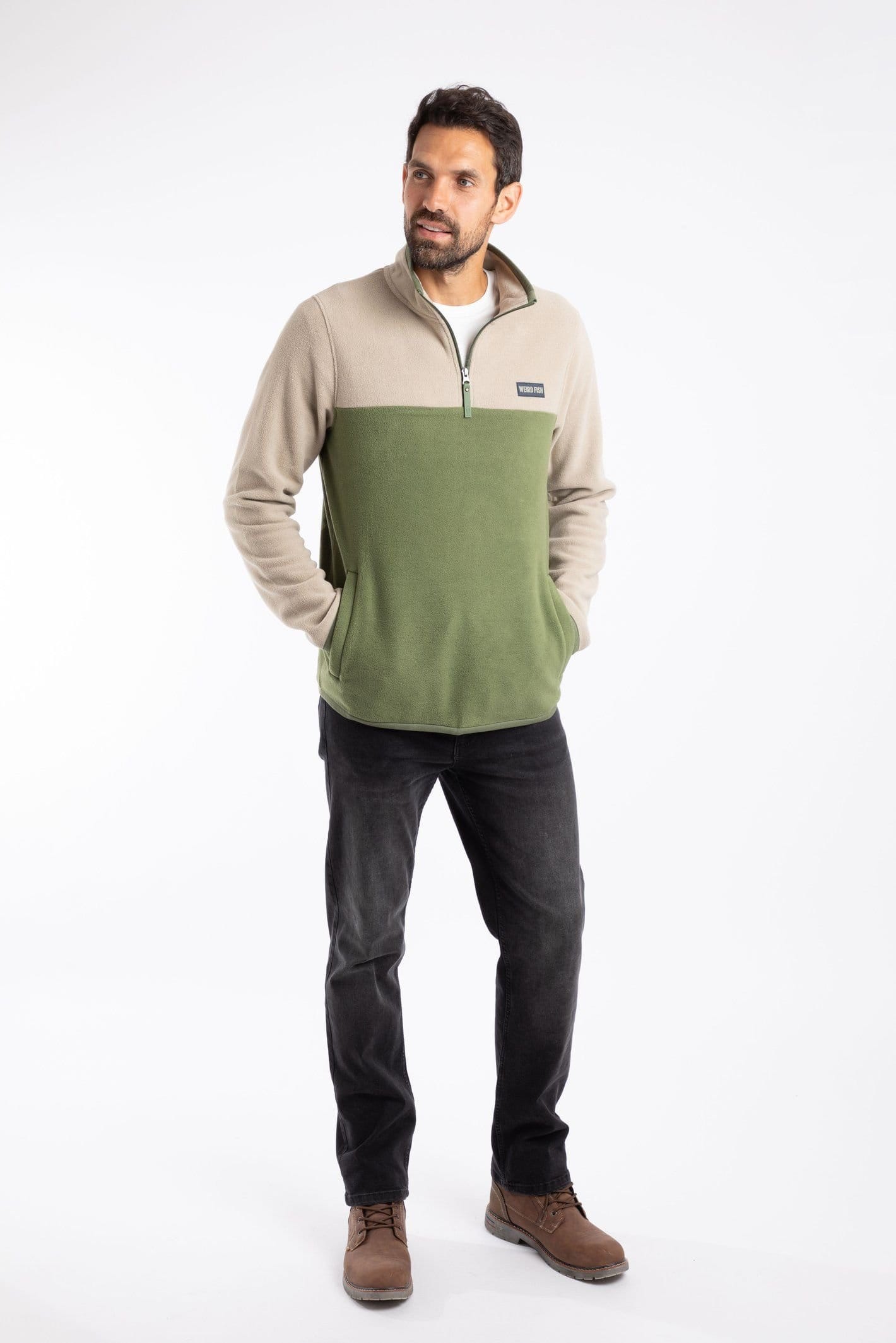 Weird Fish Weird Fish Men's Tristan 1/4 Zip Colour Block Microfleece in Olive - 4