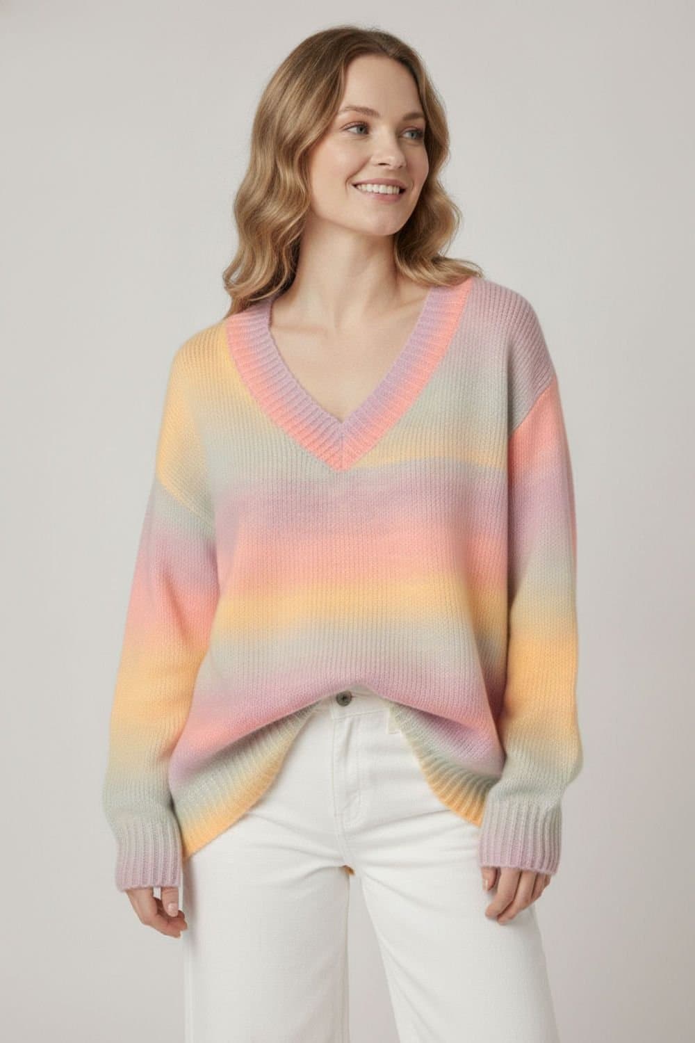 Izabel London Izabel London Women's Striped Drop Shoulder V-Neck Jumper in Yellow