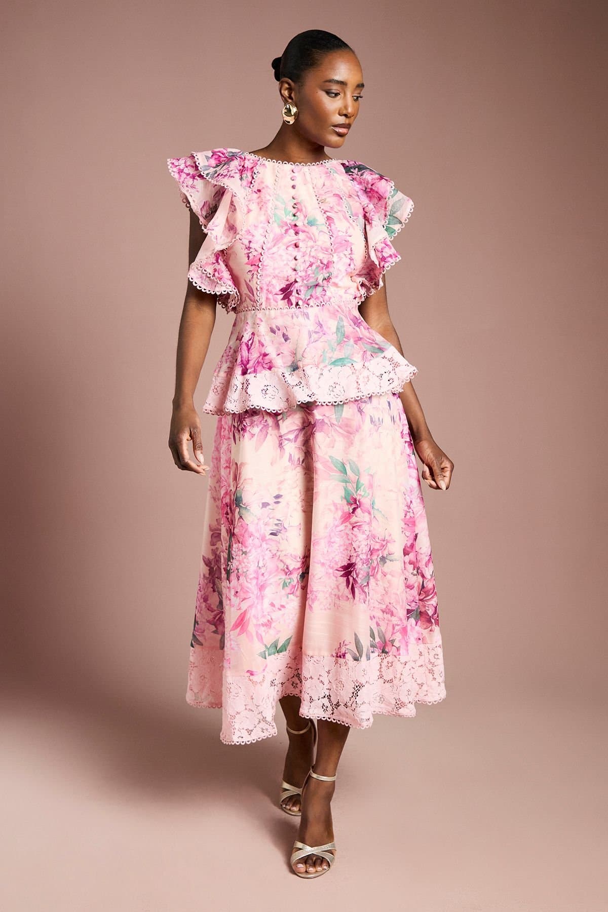 Coast Coast Women's Lace Trim Printed Ruffle Midi Dress in Blush