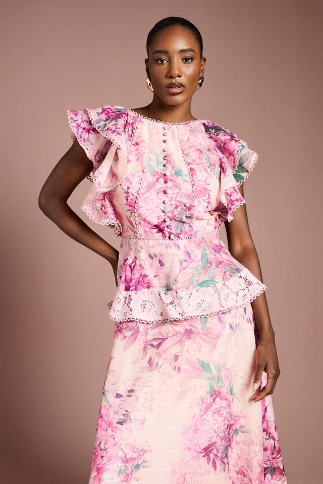 Coast Coast Women's Lace Trim Printed Ruffle Midi Dress in Blush - 2