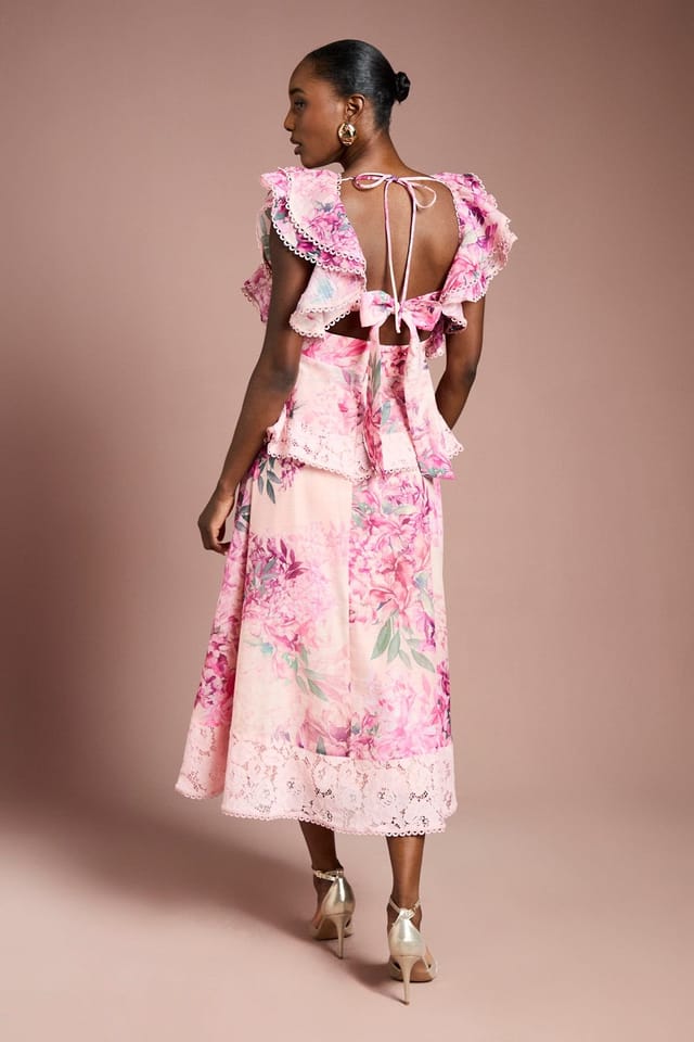 Coast Coast Women's Lace Trim Printed Ruffle Midi Dress in Blush - 3