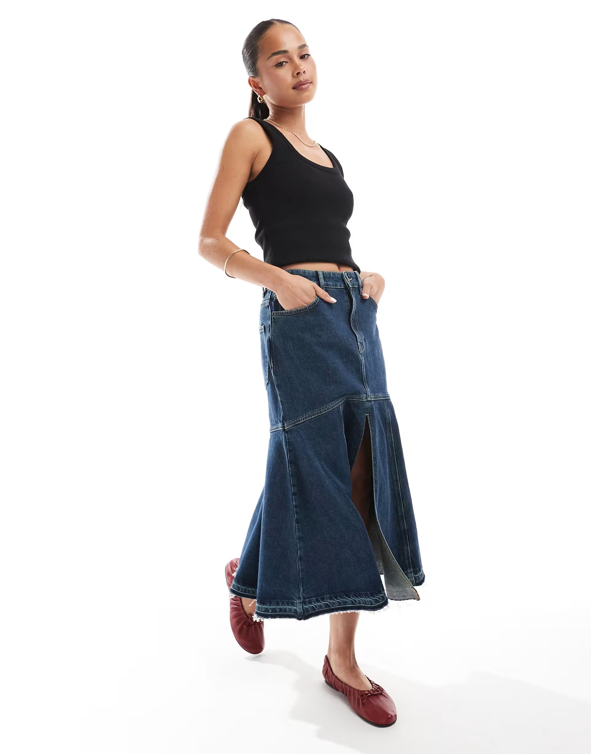 ASOS ASOS Blue Denim Midi Skirt In Navy