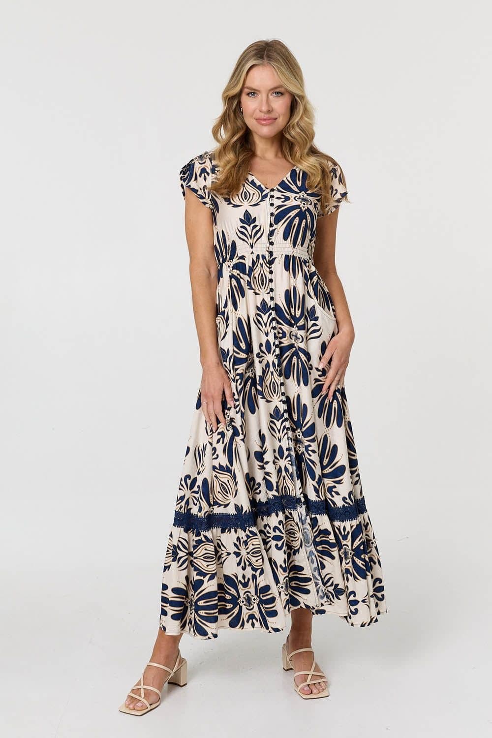 Izabel London Izabel London Women's Printed Lace Trim Cap Sleeved Maxi Dress in Navy