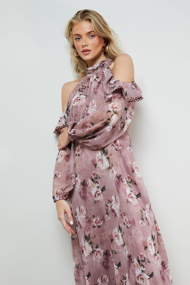 Oasis Oasis Women's Cold Shoulder Ruffle Halterneck Midi Dress in Floral - 2
