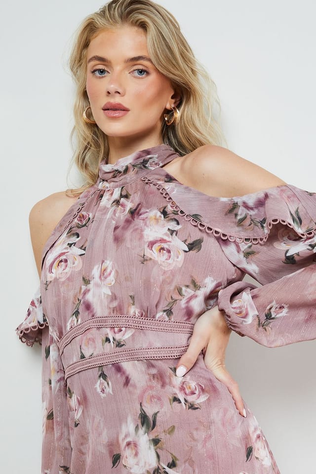 Oasis Oasis Women's Cold Shoulder Ruffle Halterneck Midi Dress in Floral - 3