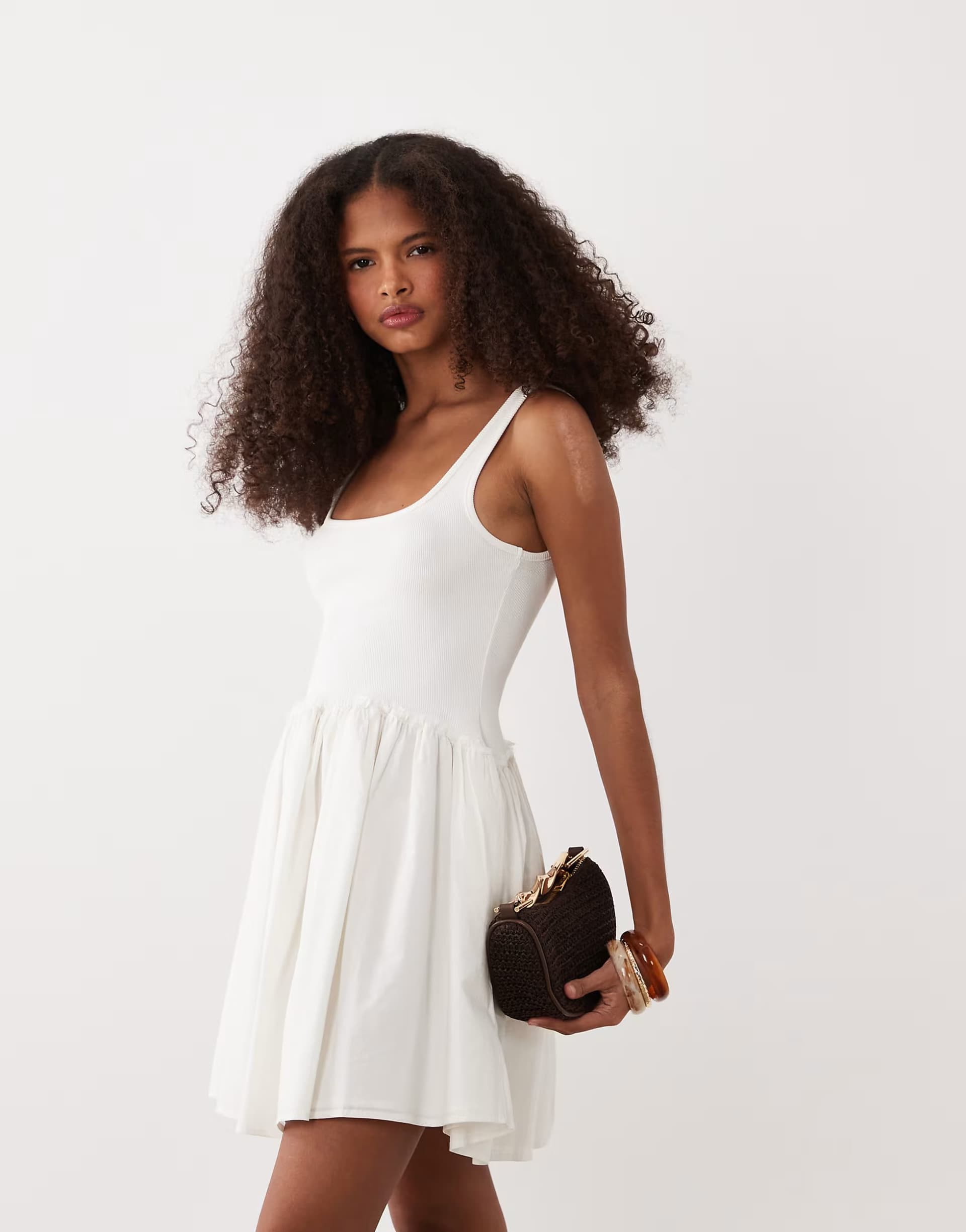 ASOS ASOS DESIGN scoop ribbed bodice with poplin skirt mini dress in white