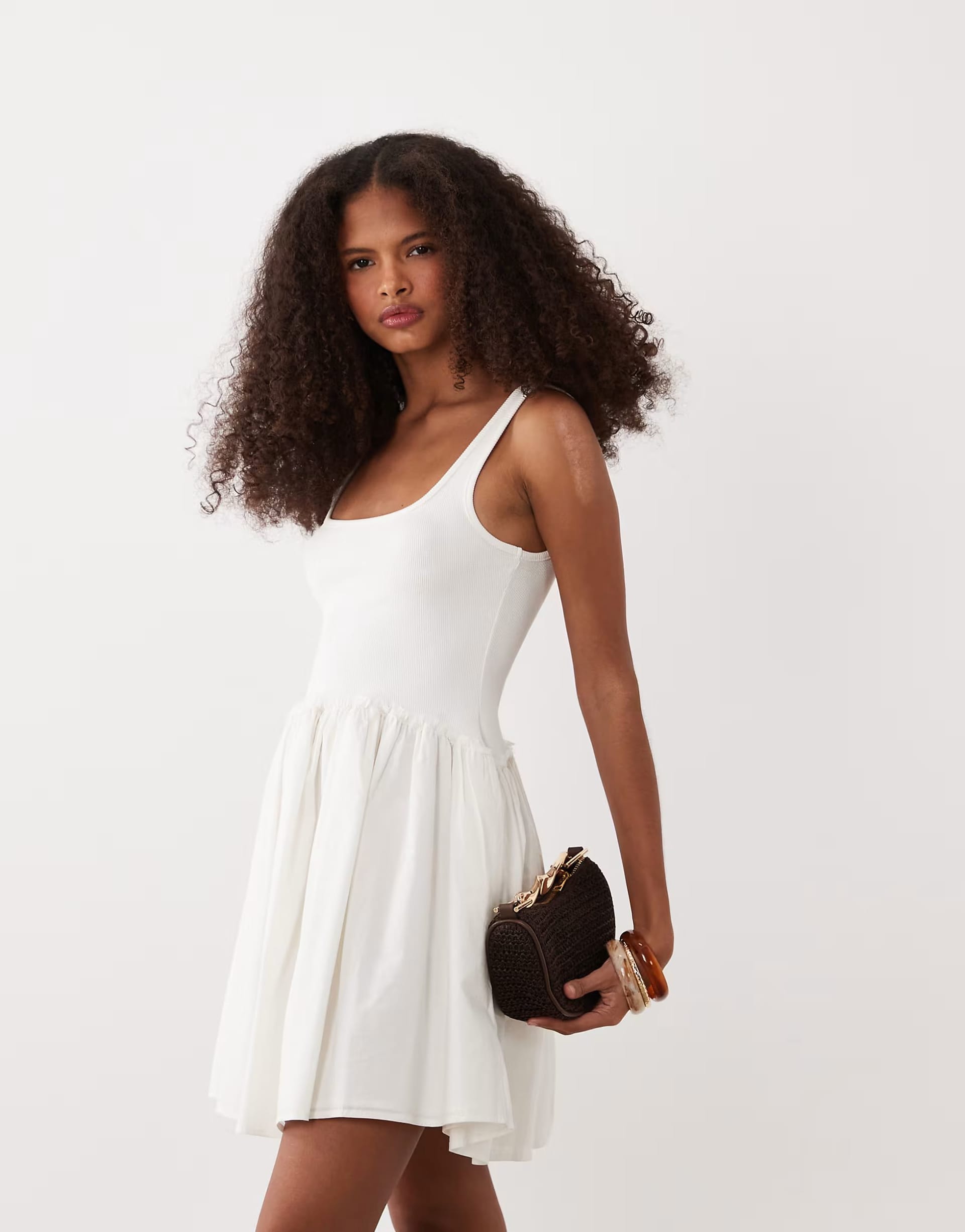 ASOS DESIGN scoop ribbed bodice with poplin skirt mini dress in white