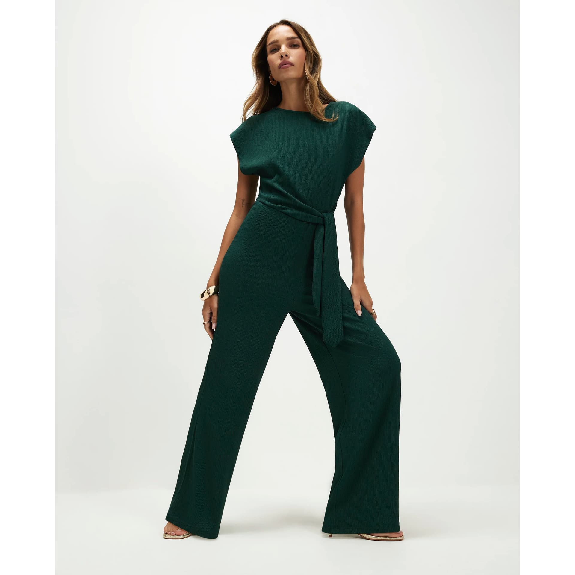 River Island River Island Womens Green Short Sleeve Textured Tie Jumpsuit