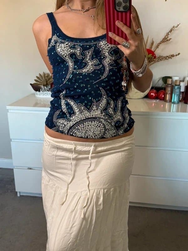 ZEVA Zeva vintage y2k heavily beaded sequin navy blue whimsical fairy cami