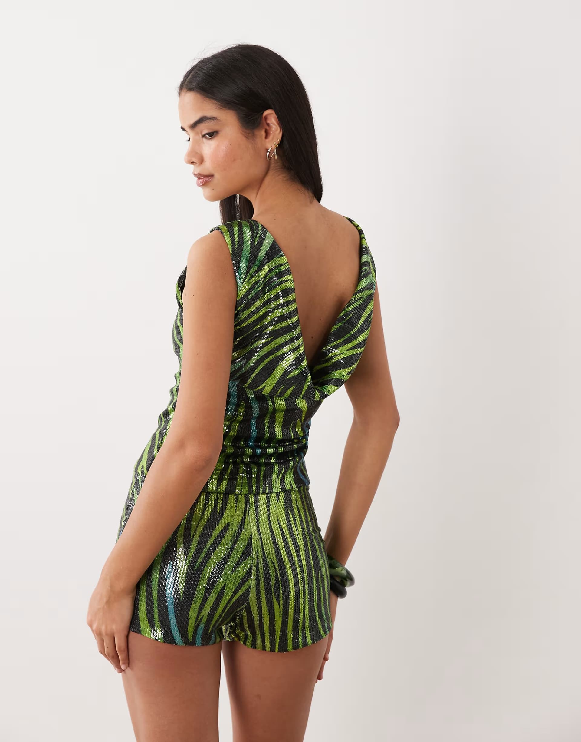 ASOS Kaiia exclusive sequin slashneck cowl back top co-ord in blue and green zebra