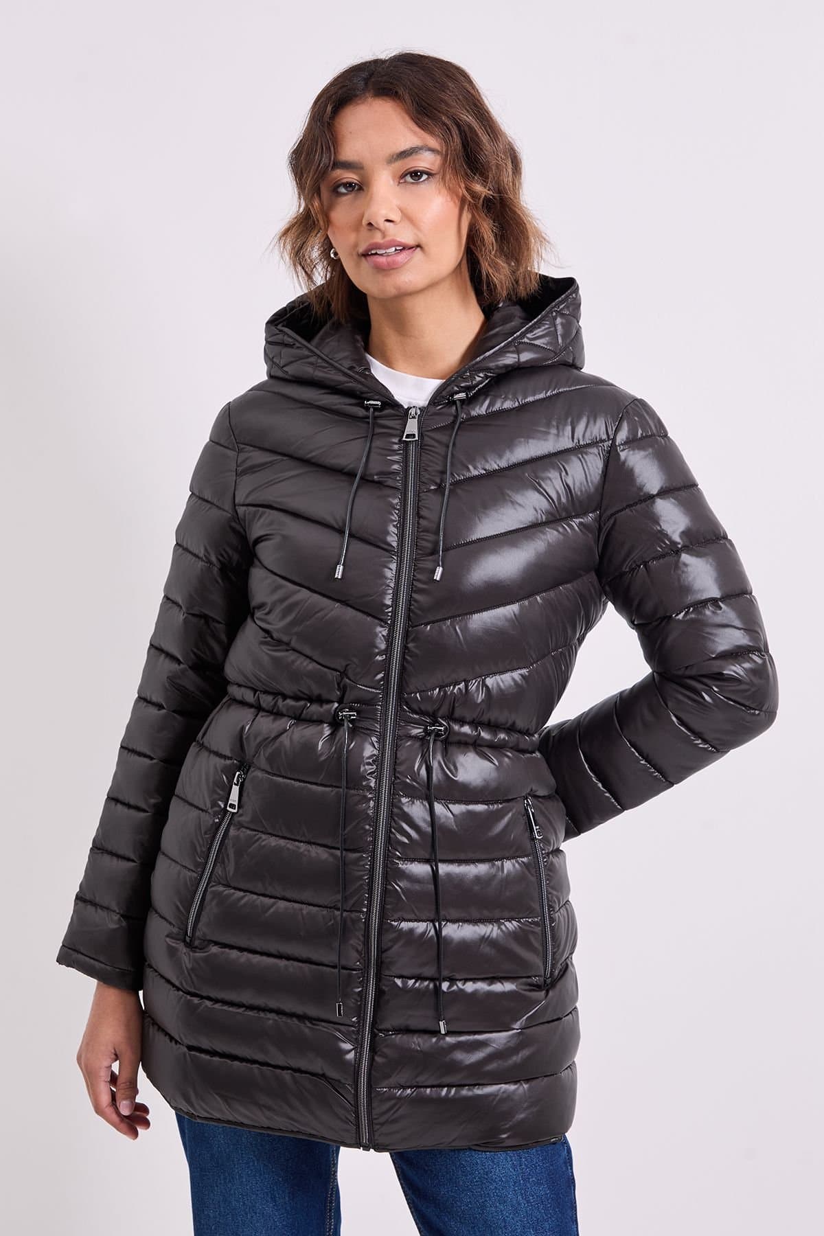 DKNY DKNY Women's LIGHT WEIGHT LONG PUFFER WAIST ADJUSTERS BLACK