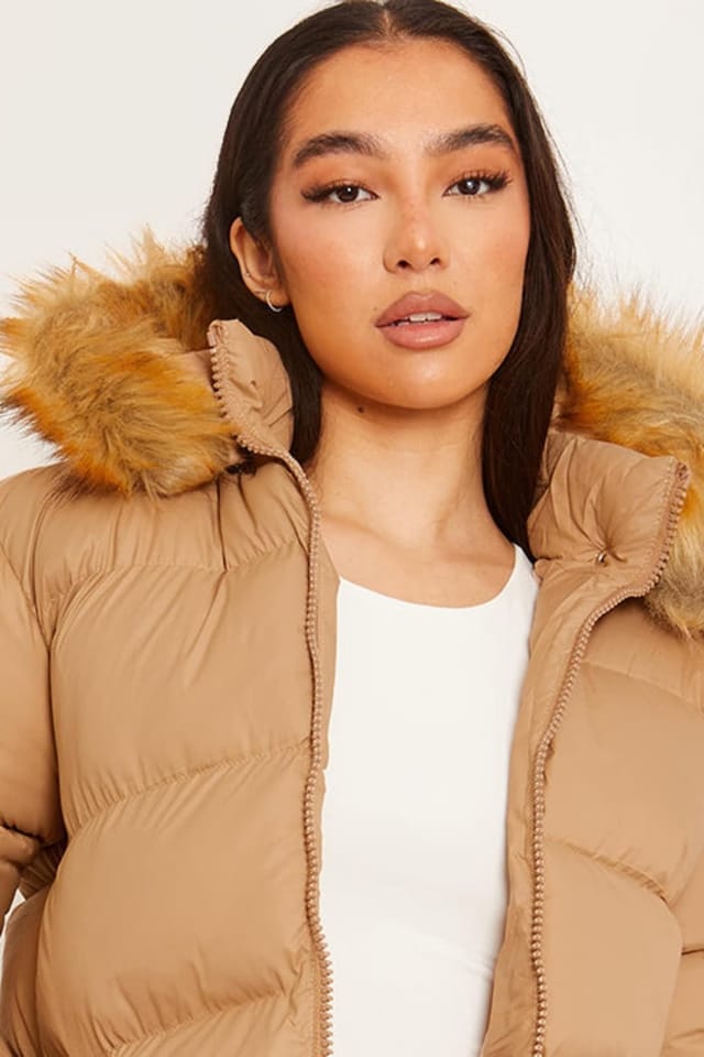 STYLEWISE STYLEWISE Women's Faux Fur Trim Hood - Padded - Puffer Jacket in Stone - 2