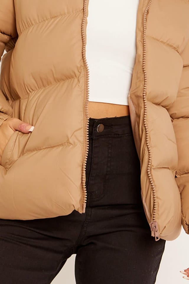 STYLEWISE STYLEWISE Women's Faux Fur Trim Hood - Padded - Puffer Jacket in Stone - 3