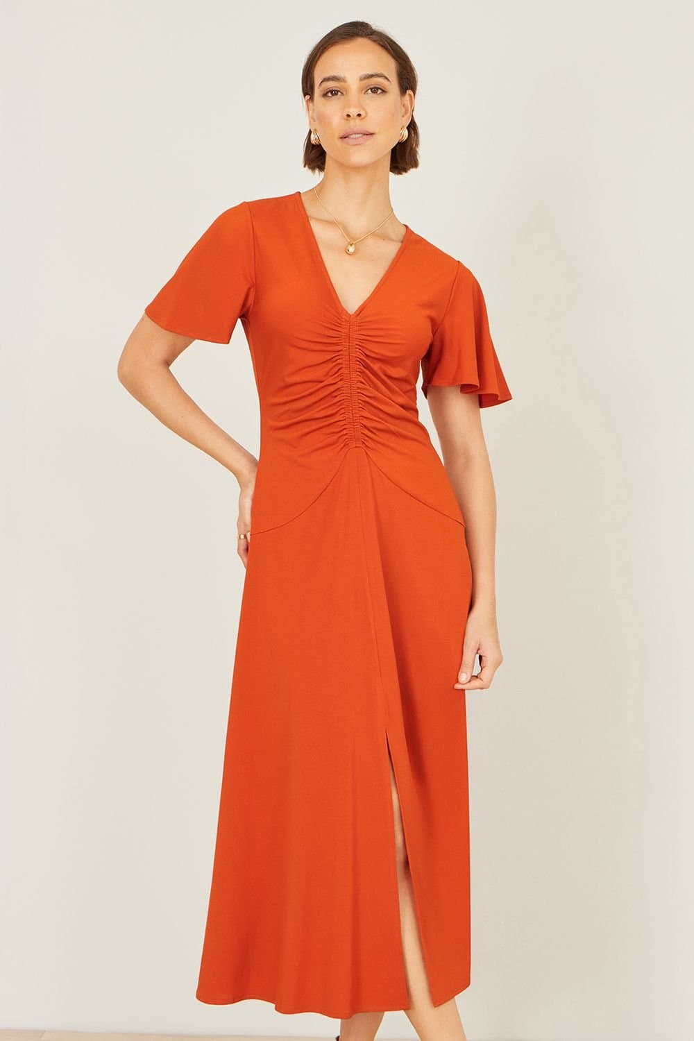 Yumi Yumi Women's Orange Ruched Front Stretch Midi Dress