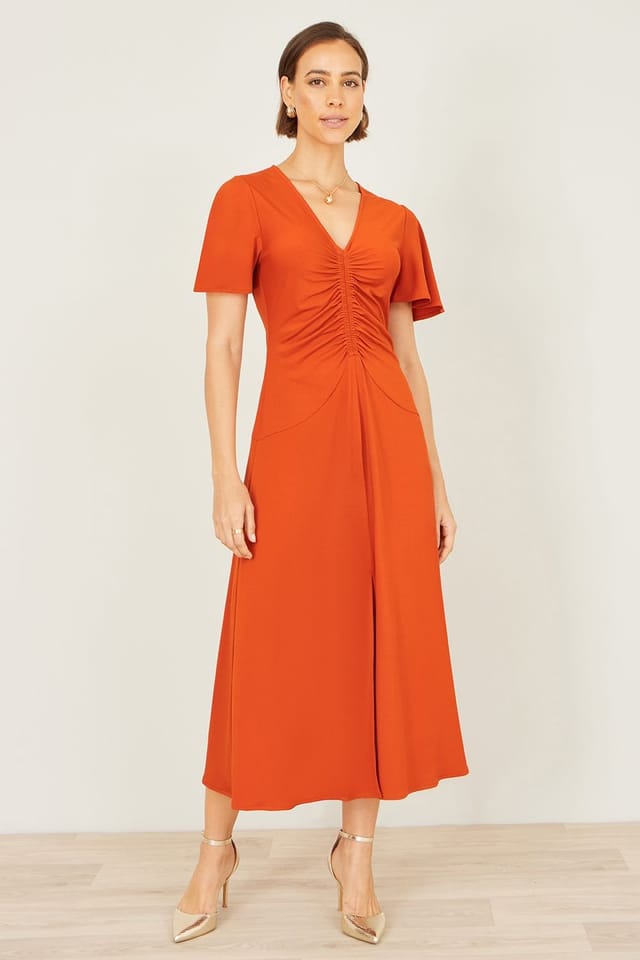 Yumi Yumi Women's Orange Ruched Front Stretch Midi Dress - 3