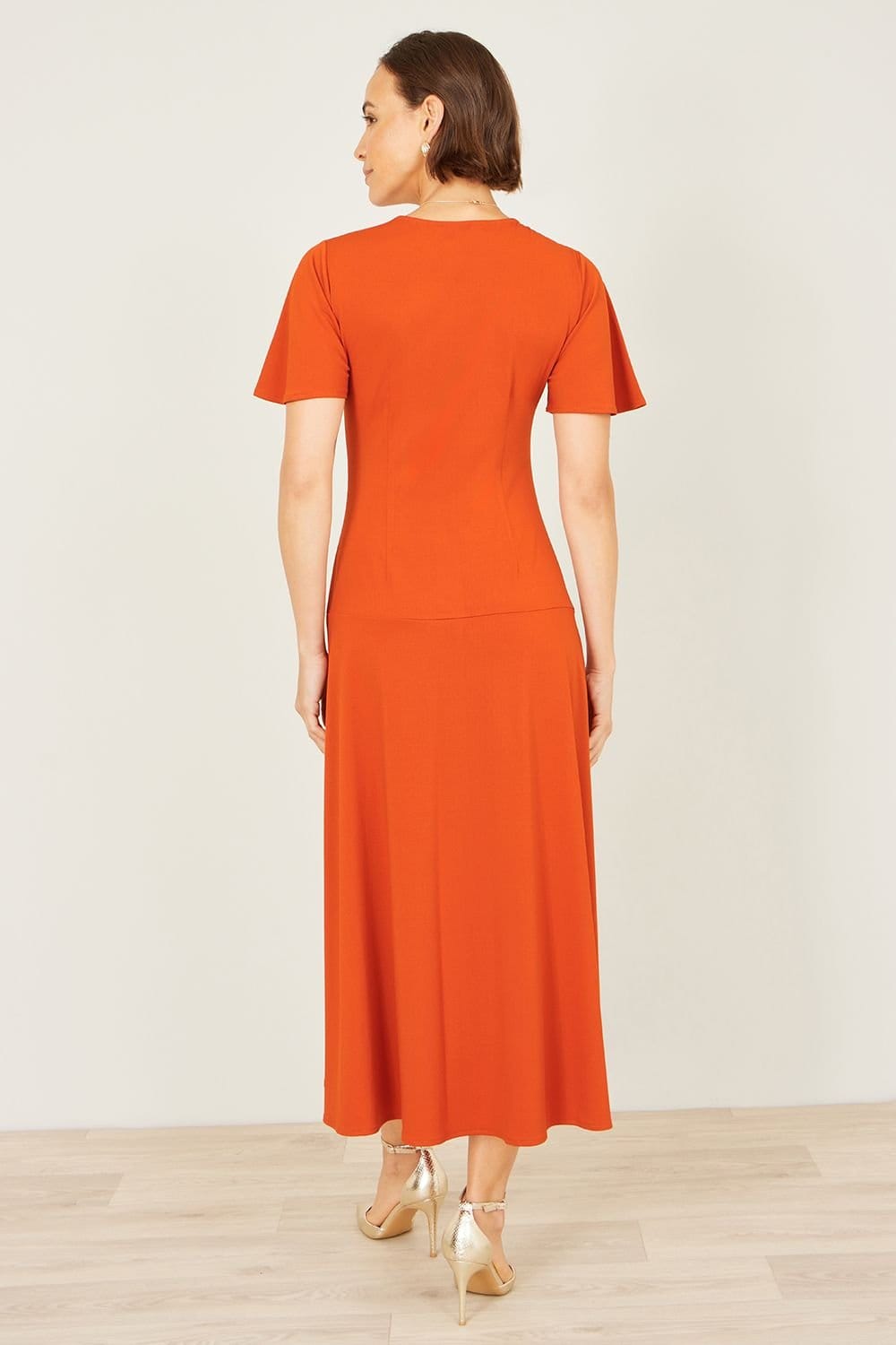 Yumi Yumi Women's Orange Ruched Front Stretch Midi Dress - 4