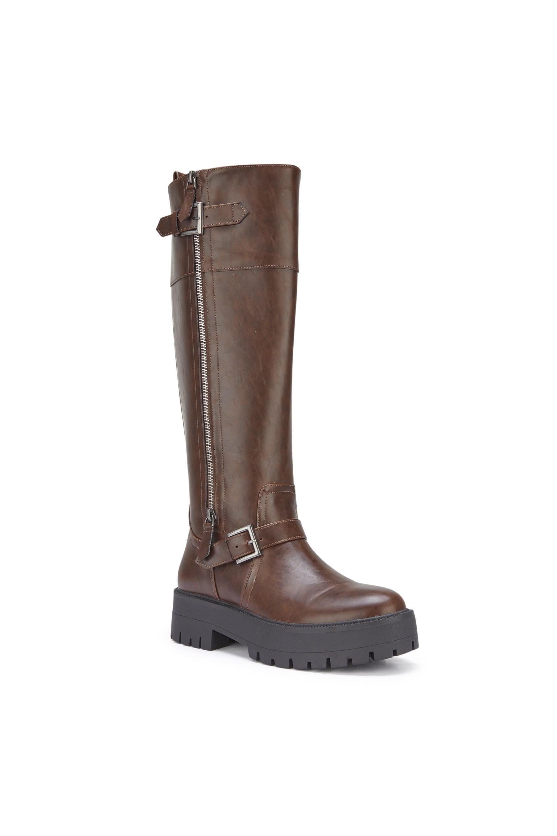 Truffle Collection Truffle Collection Women's Knee High Boots Zip Round Toe Block Mid Heel Shoes in Chocolate