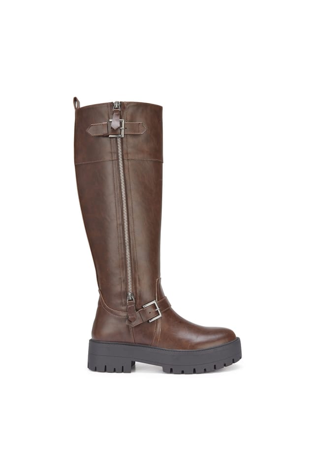 Truffle Collection Truffle Collection Women's Knee High Boots Zip Round Toe Block Mid Heel Shoes in Chocolate - 2