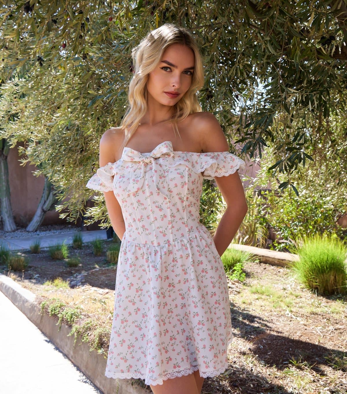 Pink Vanilla Women's Cream Off The Shoulder Floral Mini Dress Pink Vanilla New Look