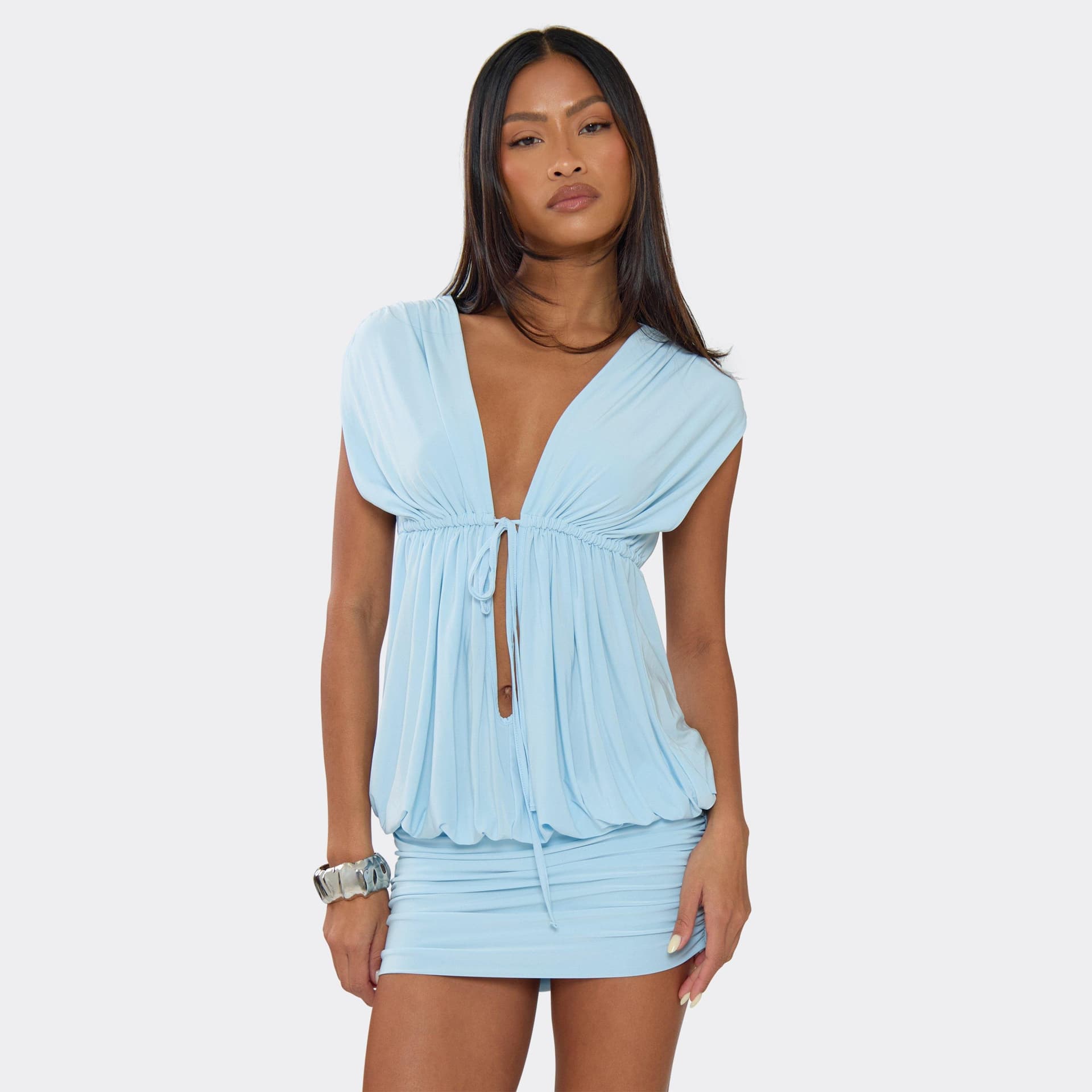 EGO Plunge Neck Short Sleeve Tie Front Ruched Mini Dress In Blue, Women's Size UK 6