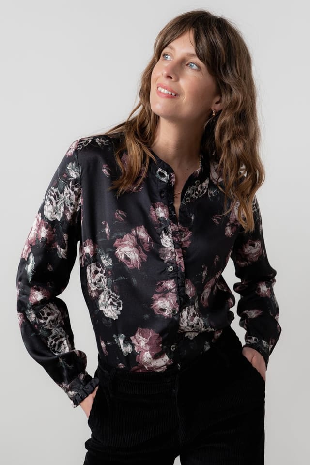 Lily & Me Lily & Me Women's Rachel Floral Print Woven Viscose Satin Long Sleeve Blouse in Black - 2