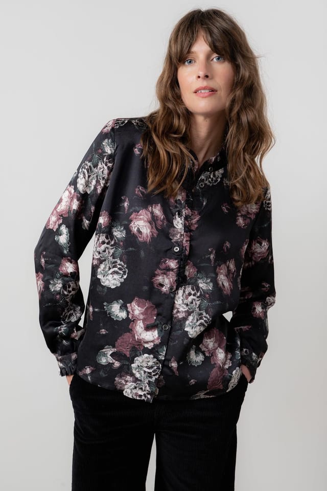 Lily & Me Lily & Me Women's Rachel Floral Print Woven Viscose Satin Long Sleeve Blouse in Black - 3