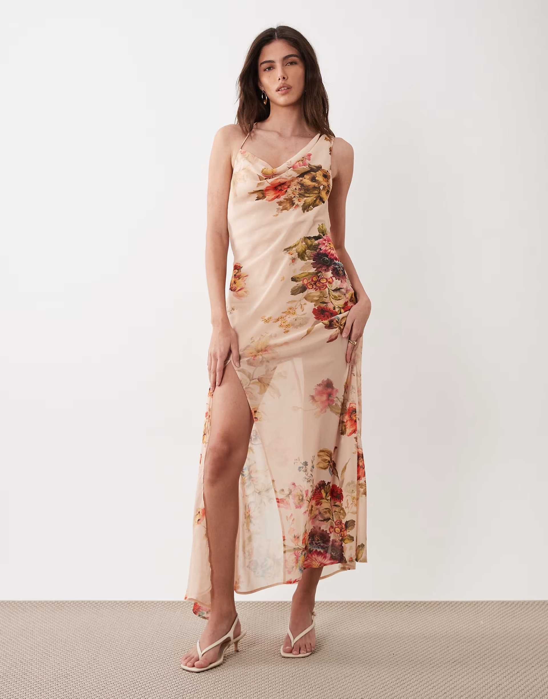 ASOS ASOS DESIGN slip midi dress with asymmetric neckline in pink floral print