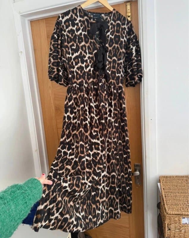 ASOS ASOS Brown & Black Leopard Print Animal Puff Sleeve Tie Bow Front Tiered Smock Maxi Dress UK 14