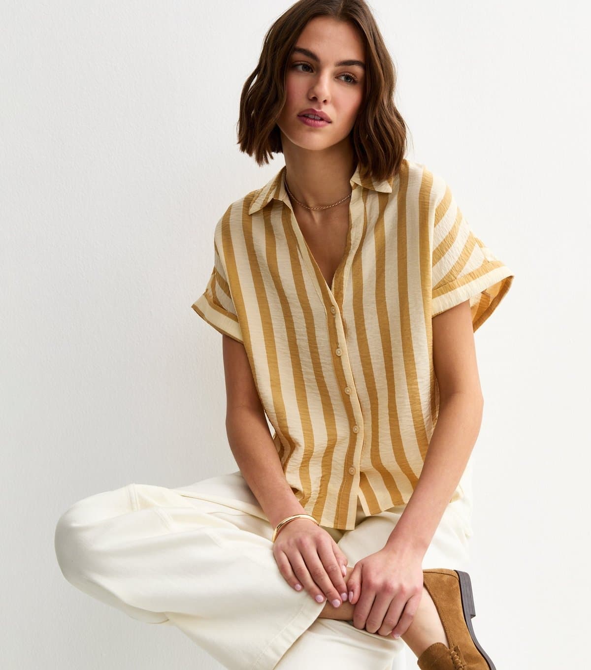 New Look Women's Yellow Lightweight Wide Stripe Cropped Shirt New Look