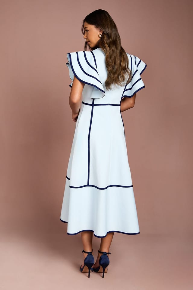 Coast Coast Women's Ruffle Shoulder Piped Bandage Midi Dress in Pale Blue - 3