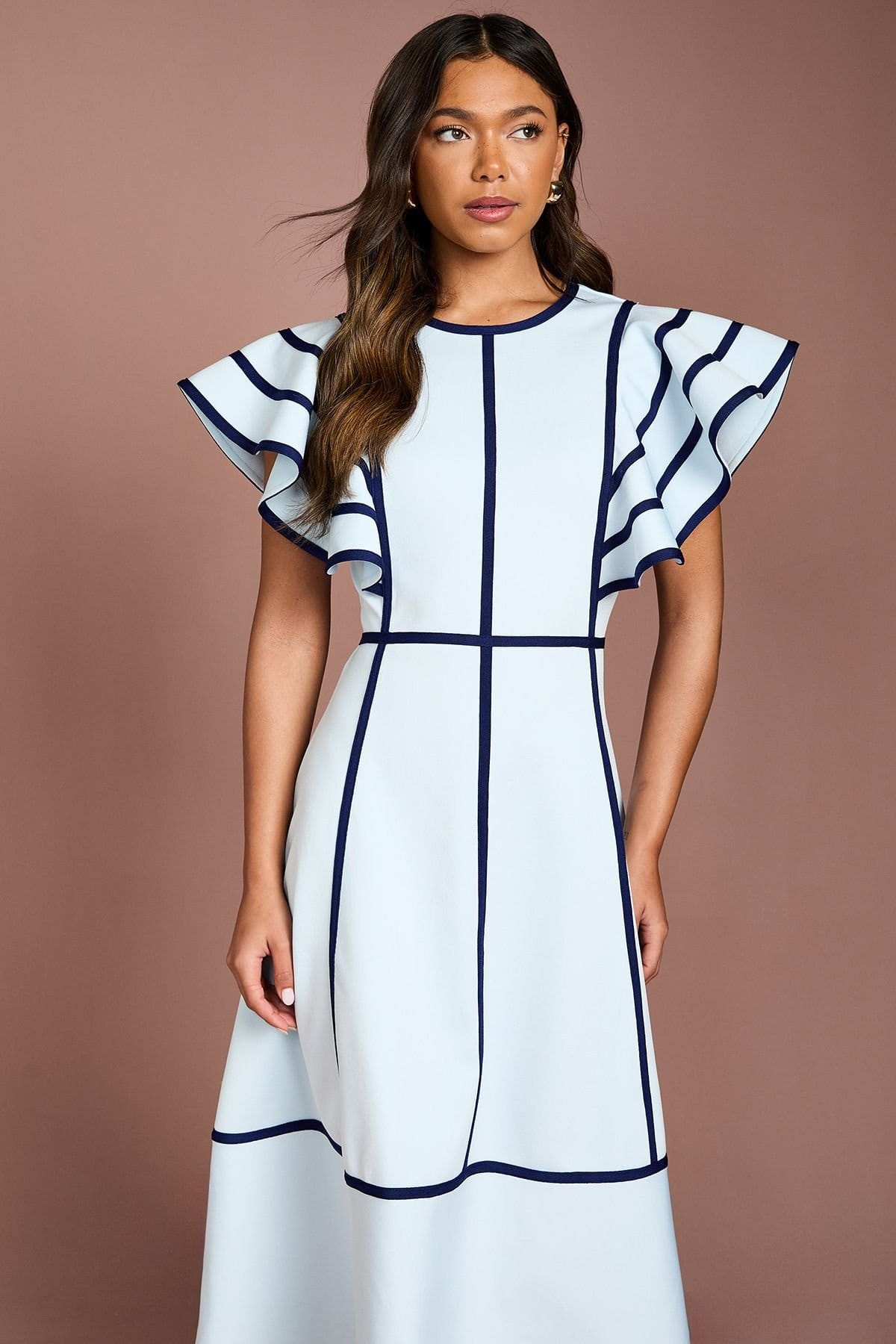 Coast Coast Women's Ruffle Shoulder Piped Bandage Midi Dress in Pale Blue - 4