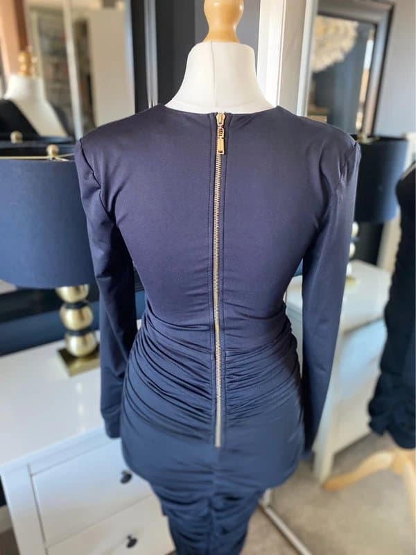 Peace and Love Plunge front, deep v, long sleeved, ruched, lined wiggle, evening dress 8/10