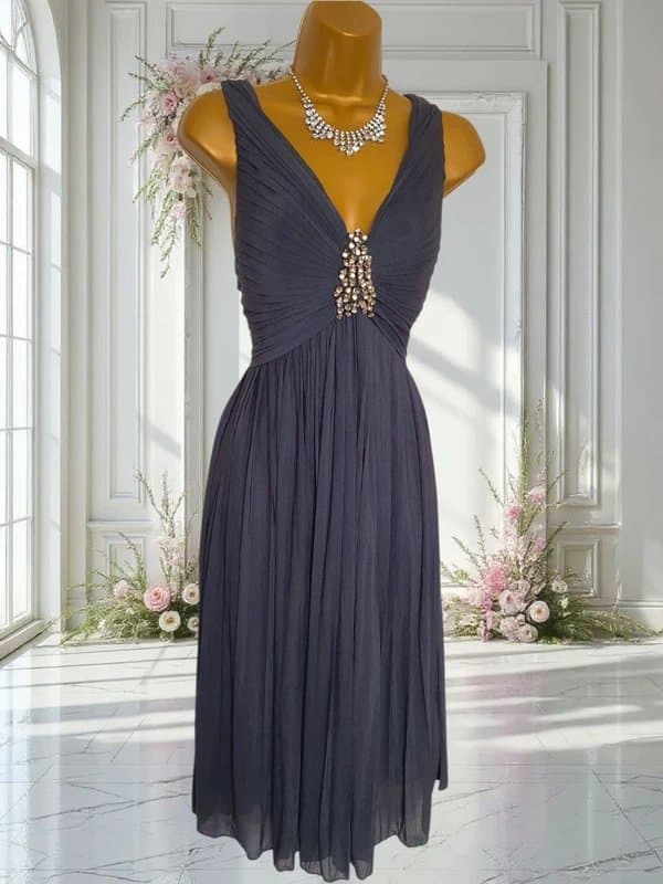 Phase Eight Phase Eight occasion dress size 10 grey pleated georgette skirt & embellished neck