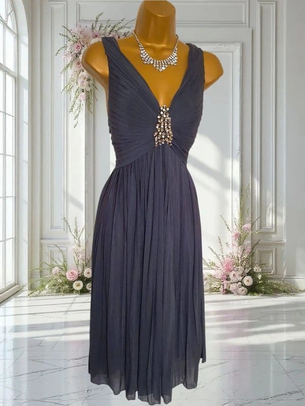 Phase Eight Phase Eight occasion dress size 10 grey pleated georgette skirt & embellished neck - 1