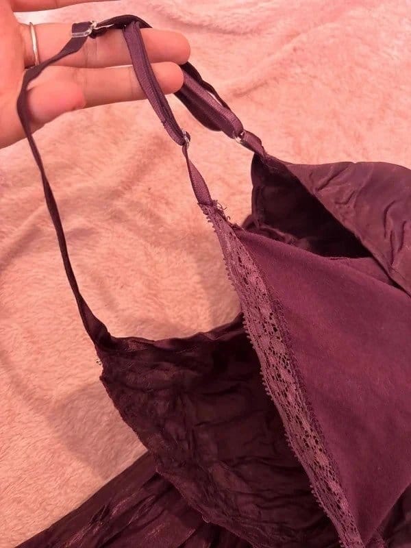 Vintage Dressing Y2k purple crinkle silk babydoll cami top with sequin lace trim 14 16 18 whimsigoth - 1