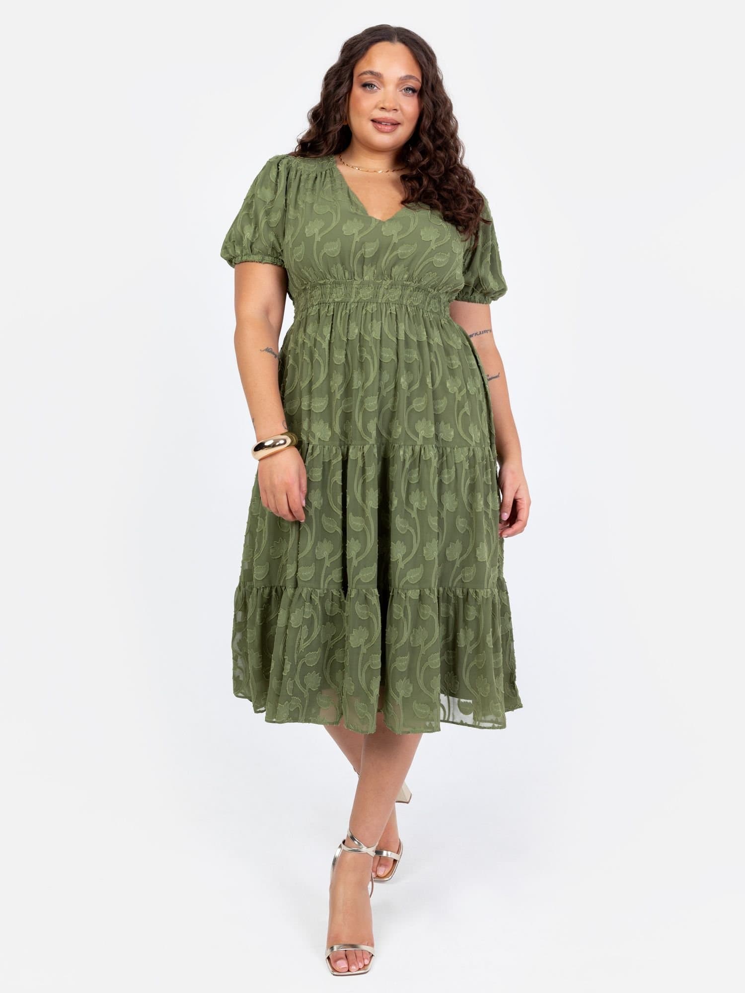 Lovedrobe Lovedrobe Women's Short Sleeve Floral Burn Out Midi Dress in Green
