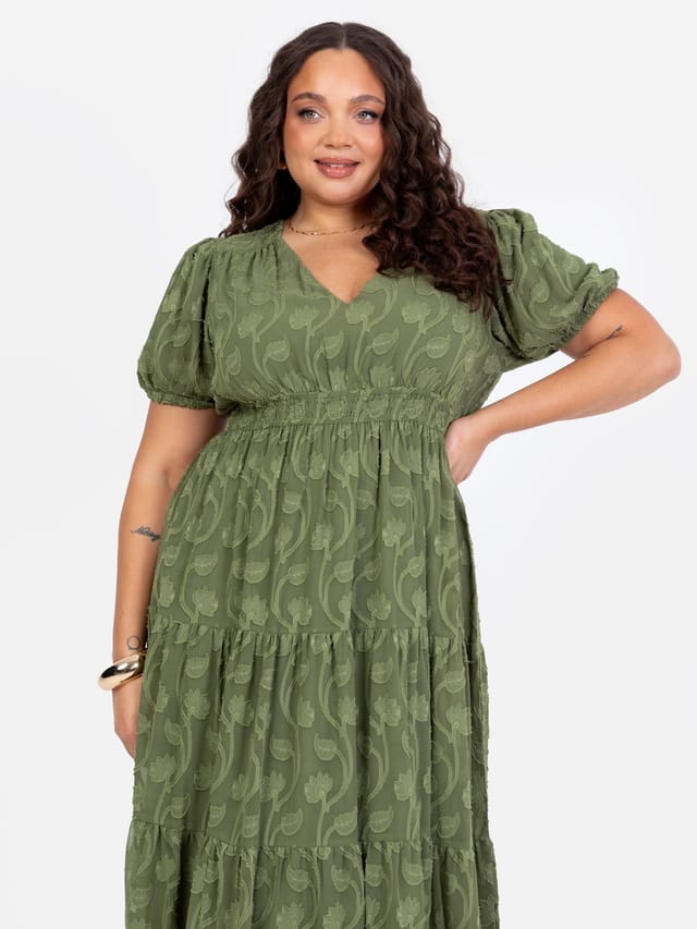 Lovedrobe Lovedrobe Women's Short Sleeve Floral Burn Out Midi Dress in Green - 2