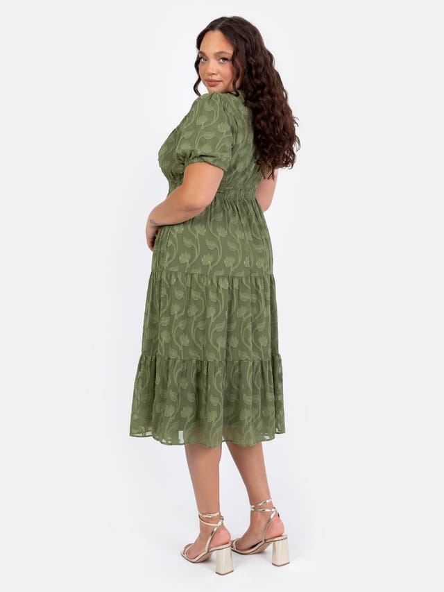 Lovedrobe Lovedrobe Women's Short Sleeve Floral Burn Out Midi Dress in Green - 3