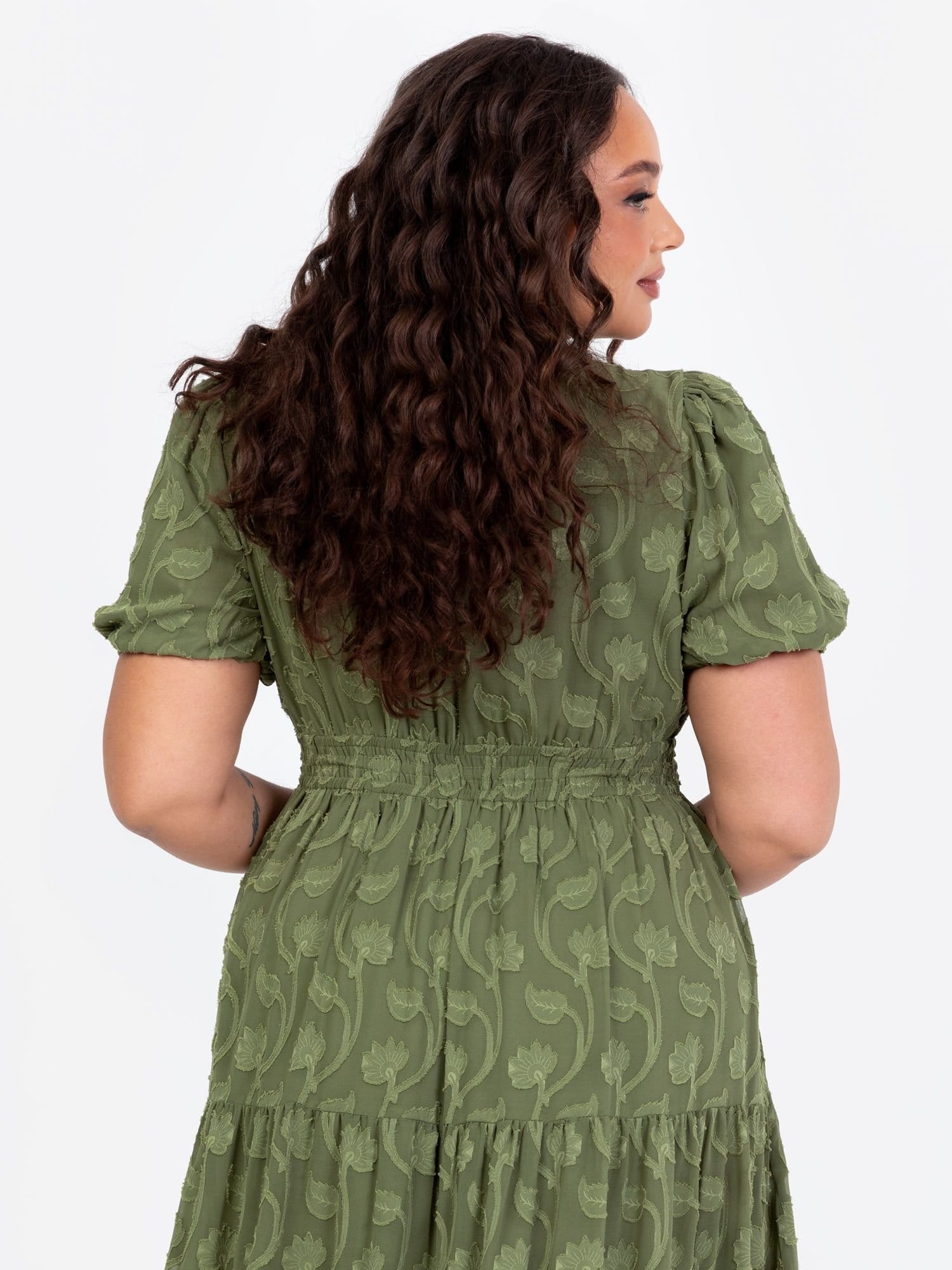 Lovedrobe Lovedrobe Women's Short Sleeve Floral Burn Out Midi Dress in Green - 4