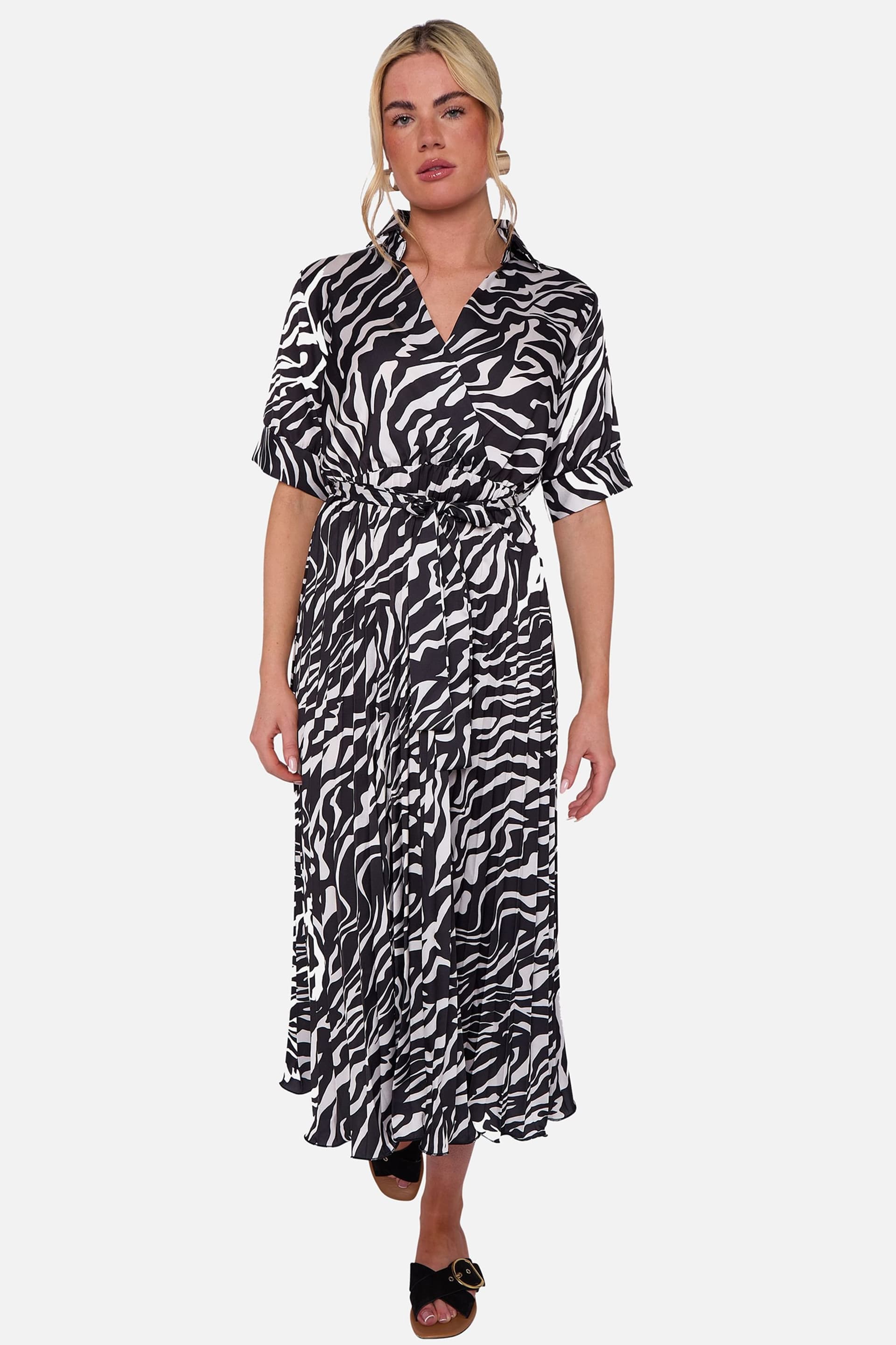 Gini London Gini London Women's Black Zebra Pleated Belted Wrap Midi Dress