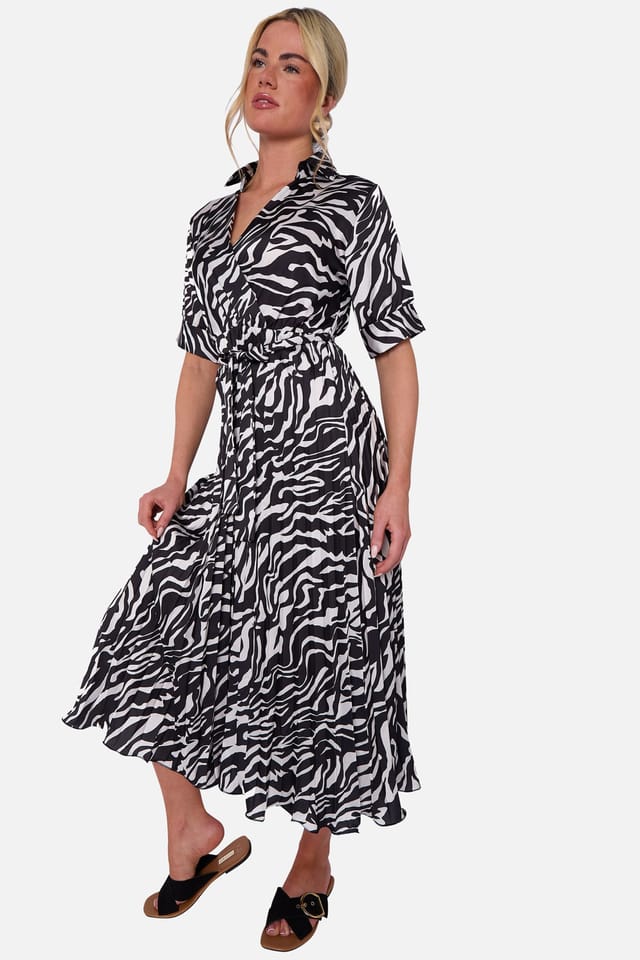 Gini London Gini London Women's Black Zebra Pleated Belted Wrap Midi Dress - 3
